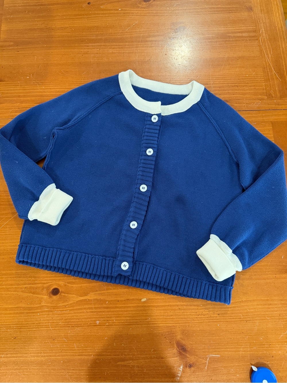 Navy Blue Button-Front Women's Cardigan with white Trim